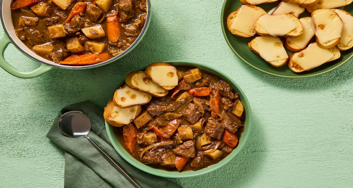 French Onion Beef Stew with Cheesy Crostini