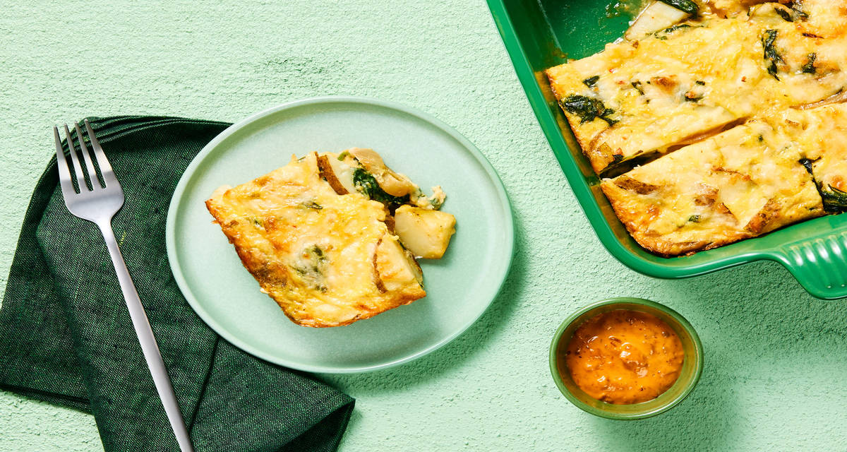 Make-Ahead Spinach & Potato Frittata with Pepper Jack, Italian Cheese Blend & Sun-Dried Tomato Aioli