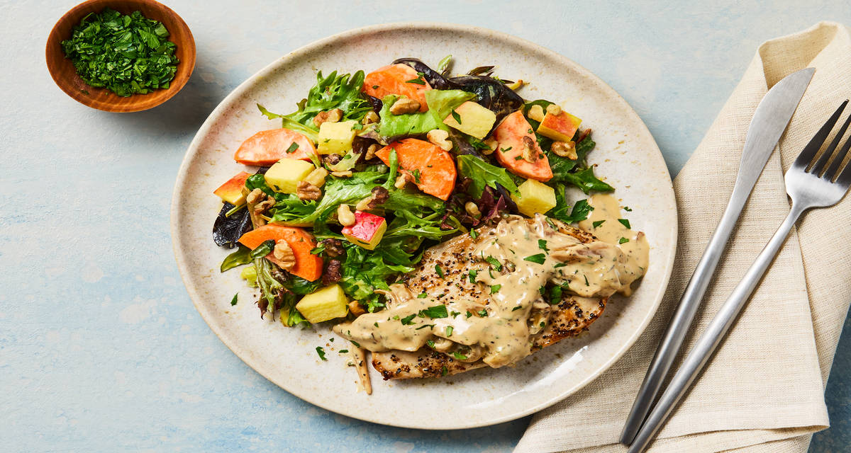 Creamy Caramelized Onion Salmon with Apple, Walnut & Carrot Salad