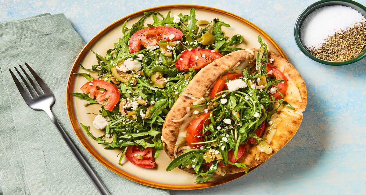 Greek Arugula & Feta Salad Pita Wraps with Mozzarella, Tomato, Dill & Olives