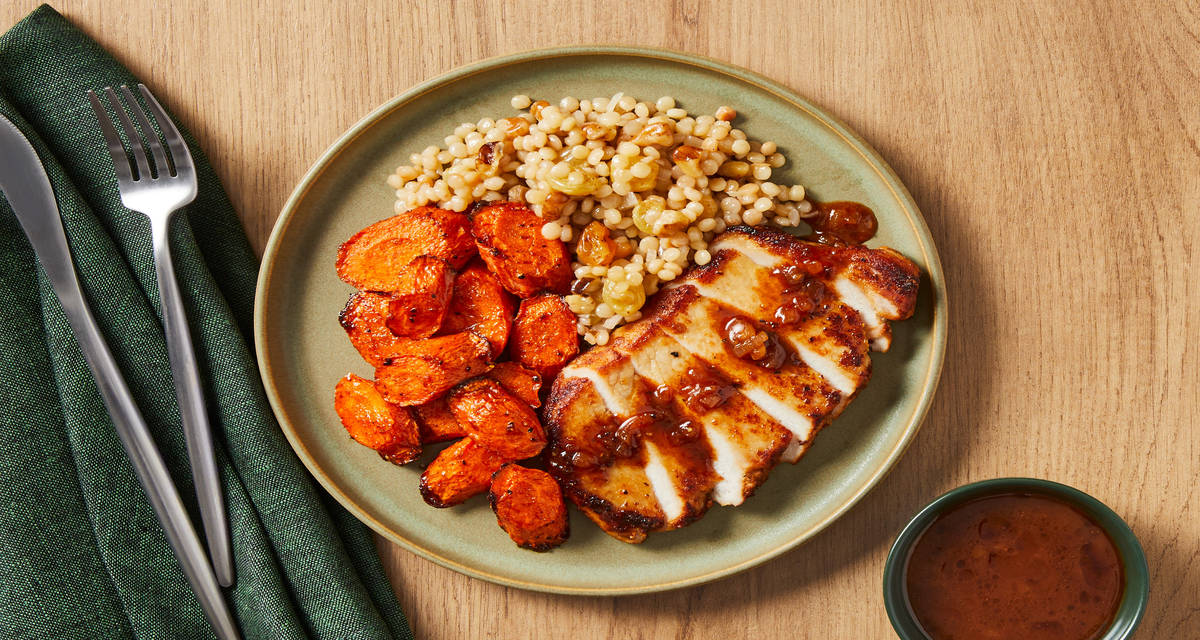 Chicken with Cranberry Pan Sauce plus Spiced Roasted Carrots & Walnut-Raisin Couscous