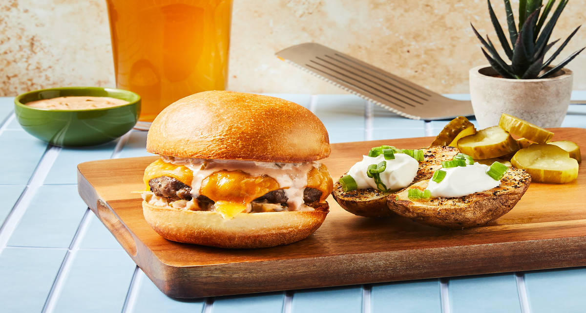 Dad’s Classic Cheeseburgers plus Grilled Potatoes with Sour Cream & Scallions