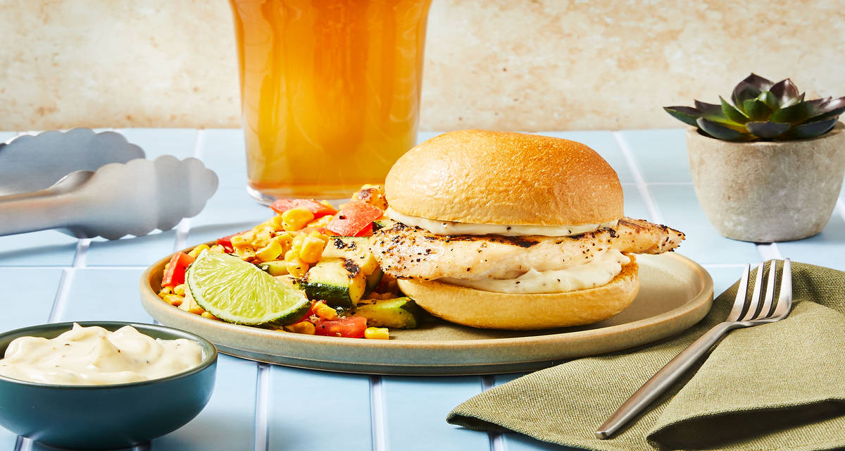 Garlic-Cumin Grilled Chicken Sandos with Lime Mayo & Zesty Summer Salad