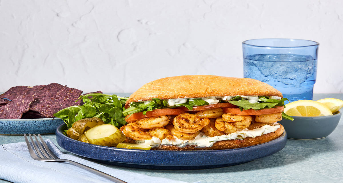 Chesapeake Bay Shrimp Sandos with Pickle-Dijonnaise, Arugula & Tortilla Chips