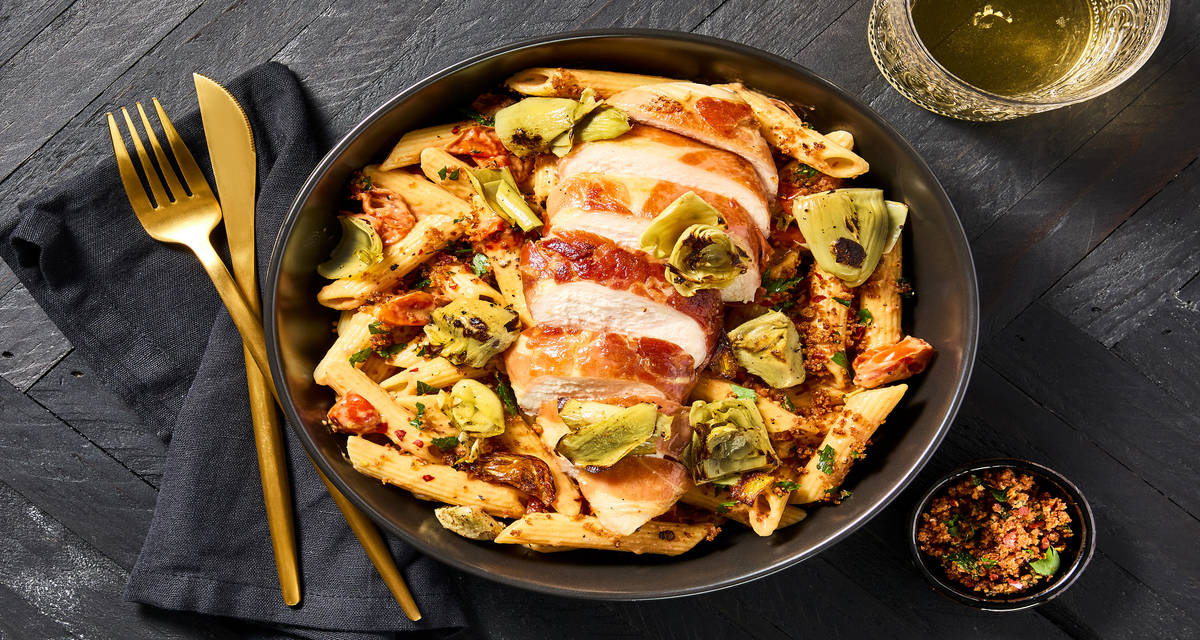 Prosciutto Chicken & Roasted Artichokes with Creamy Burst-Tomato Penne & Spicy Breadcrumbs