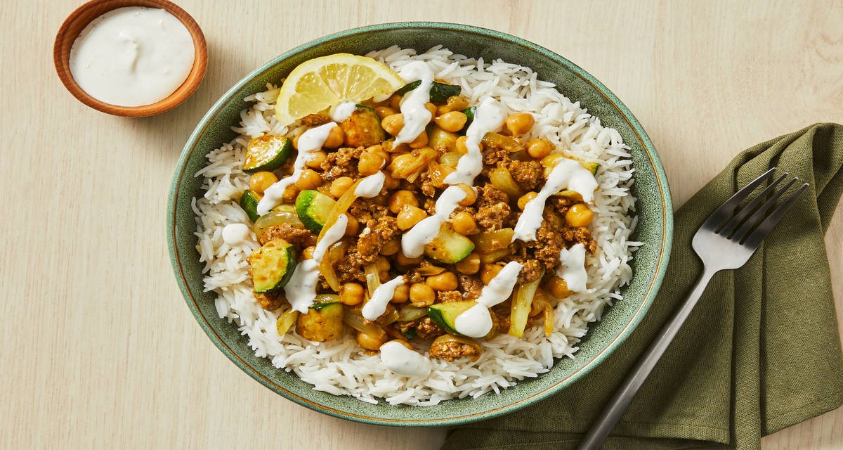 Spiced Turkey & Chickpea Tagine with Zucchini, Basmati Rice & Lemon Crema