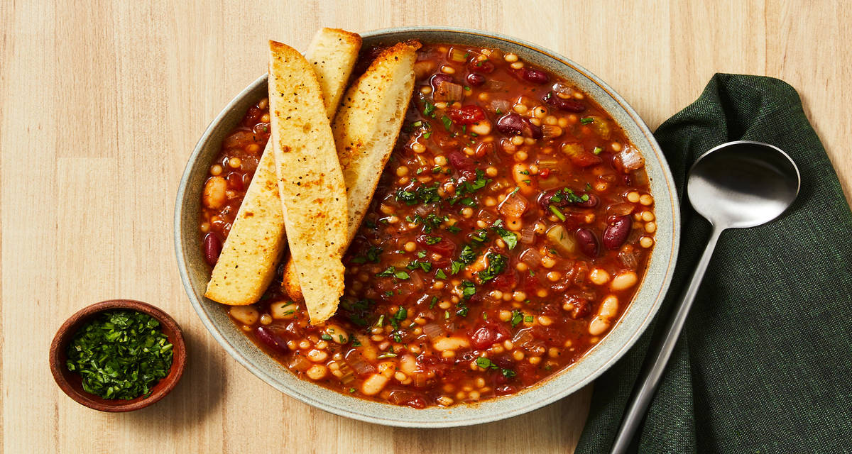 Turkey, Pearl Pasta & Bean Soup with Garlicky Breadsticks & Parsley