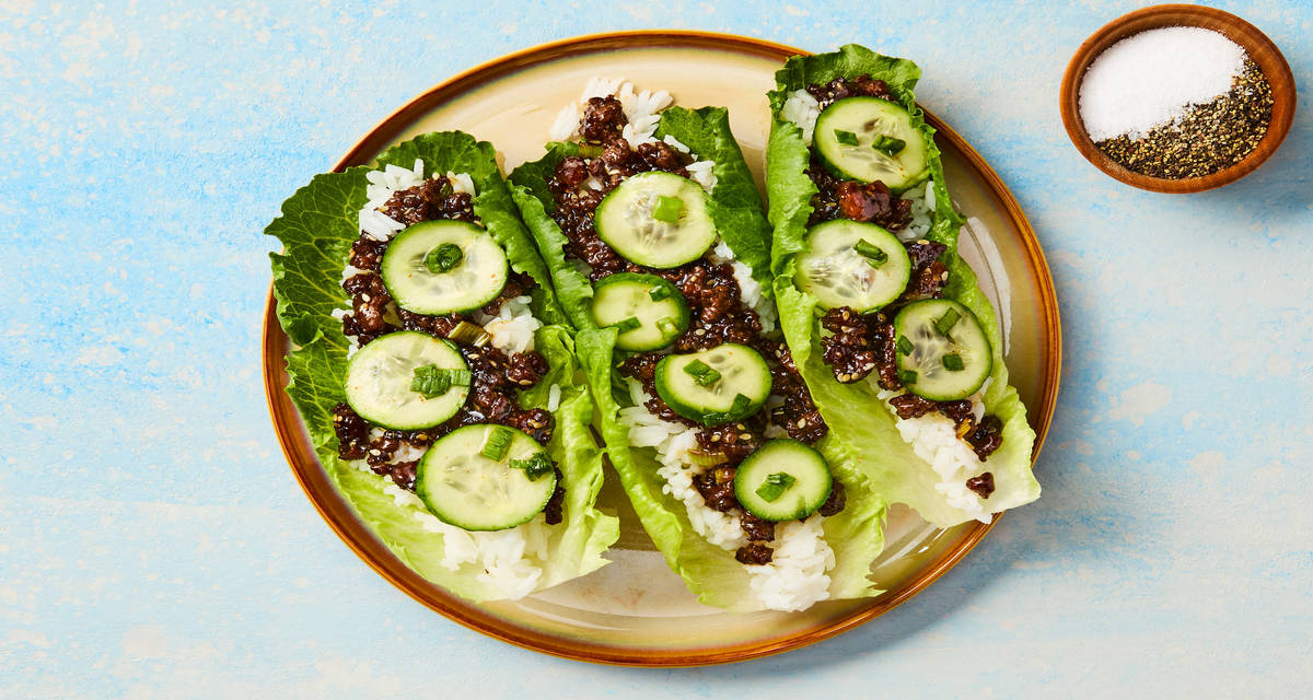 Beef Bulgogi Lettuce Wraps with Rice & Spicy Pickles
