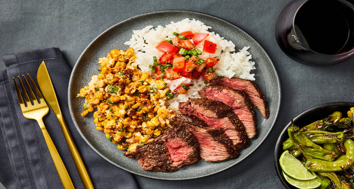 Bavette Steak & Blistered Shishito Peppers with Charred Corn Feta Salad, Fresh Tomato Salsa & Rice