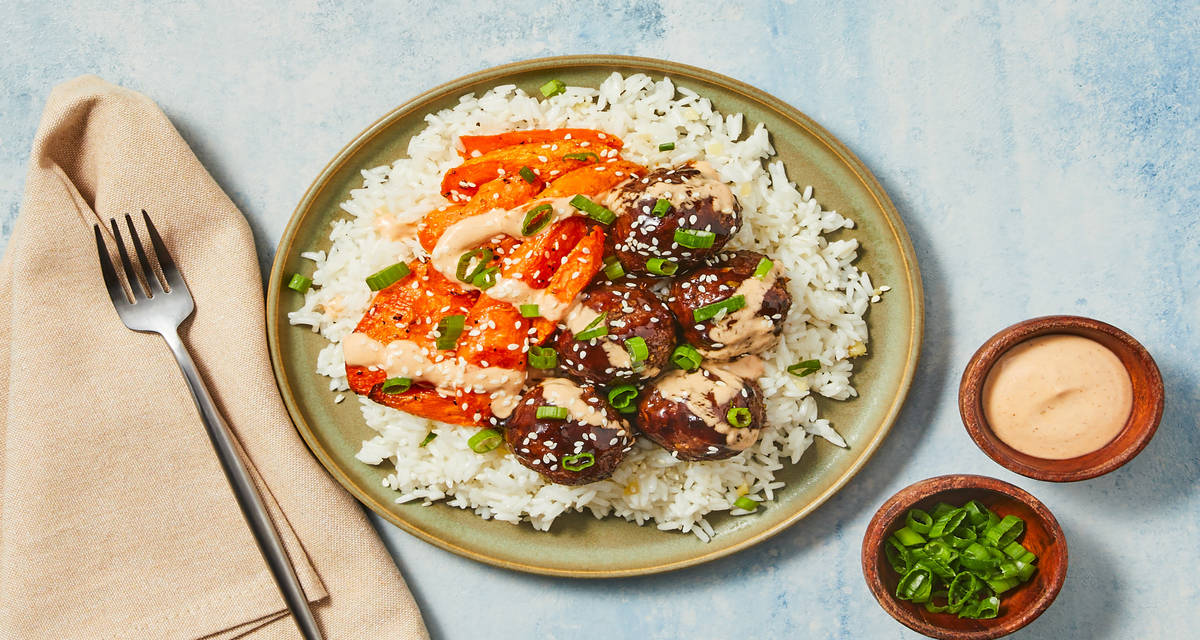 Meatballs with Bulgogi Sauce plus Roasted Carrots, Ginger Rice & Creamy Sriracha