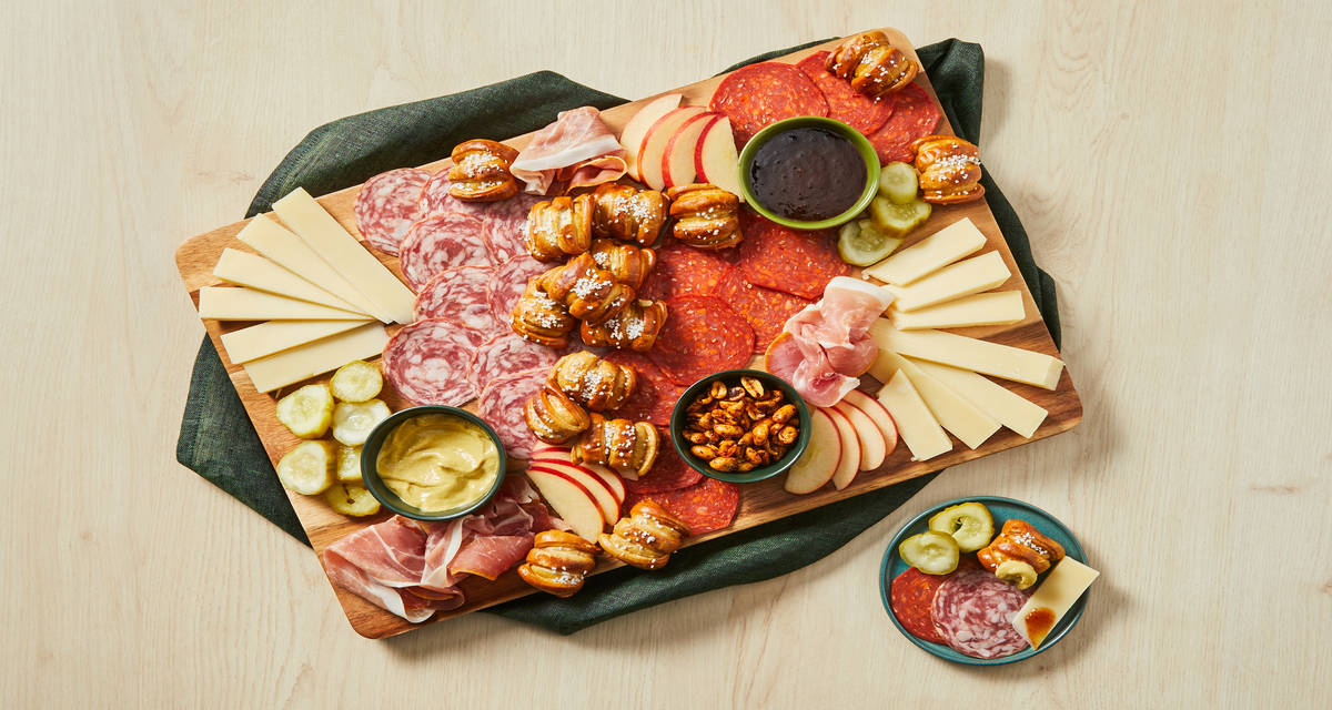 Brewery-Style Snack Board with Pretzel Bites, Spiced Bar Nuts & Hot Honey Peach Jam | 4-6 Servings
