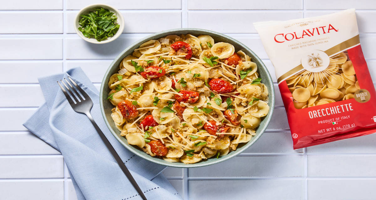 Puglia-Style Shrimp Orecchiette with Roasted Tomato, Parmesan & Parsley