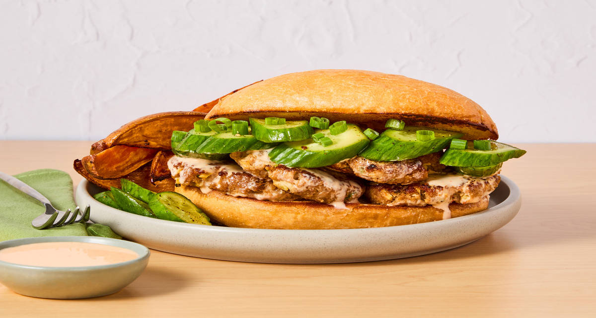 Firecracker Beef Patty Subs with Ponzu Cucumbers & Sweet Potato Wedges