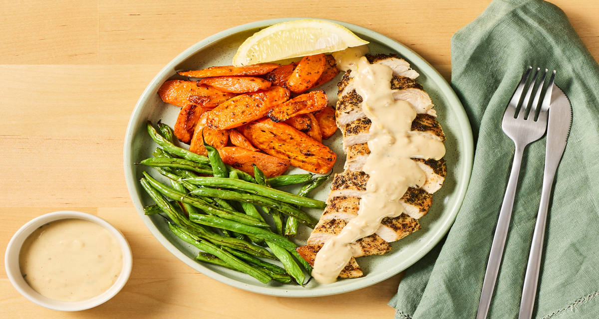 Creamy Garden Herb Salmon with Roasted Carrots & Green Beans