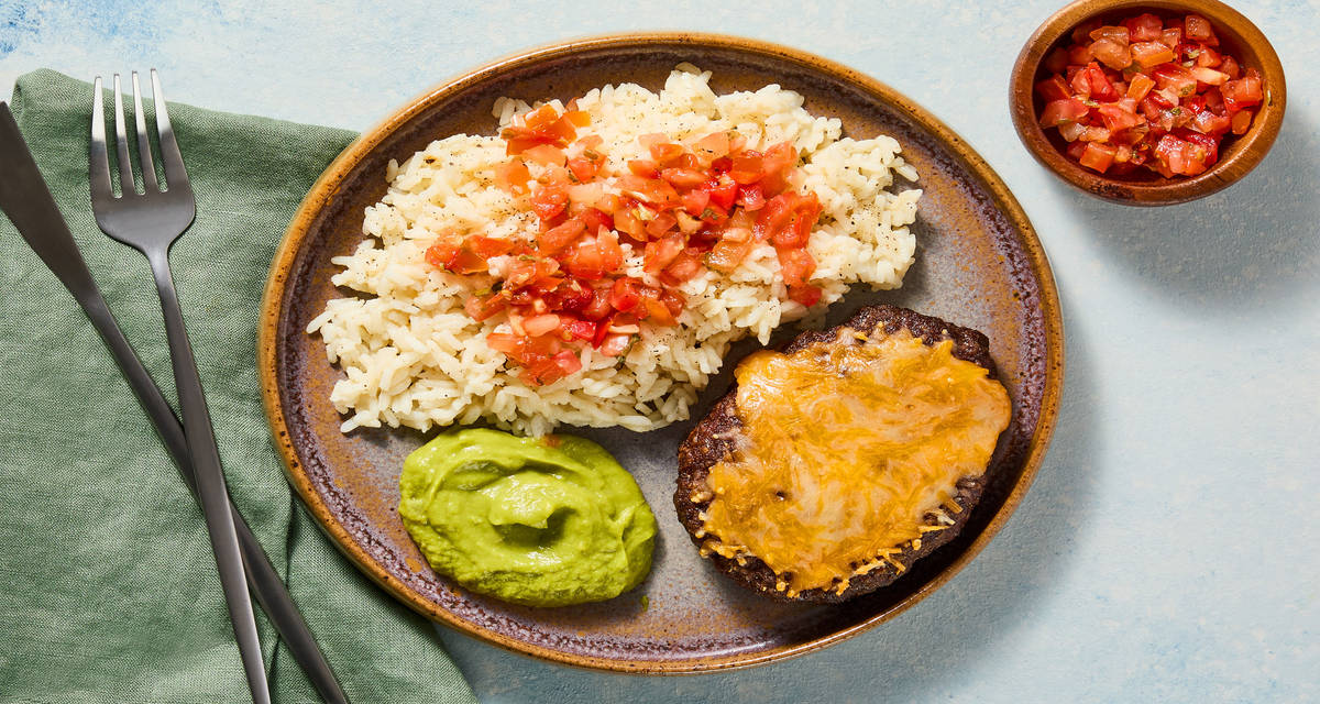 Cheesy Mexican-Spiced Meatloaves with Cumin Rice, Pico de Gallo & Guacamole
