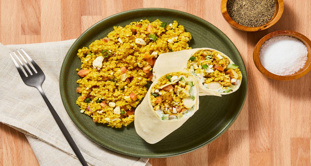 Shawarma-Spiced Chicken & Feta Wraps with Feta, Cucumber & Scallion Yogurt Sauce