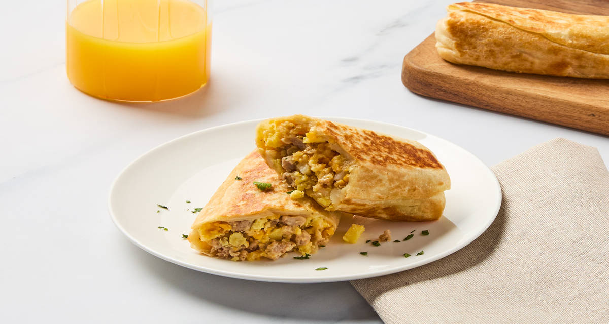 Pork Sausage, Egg & Cheddar Burritos Stuffed with cheesy goodness | 2 servings