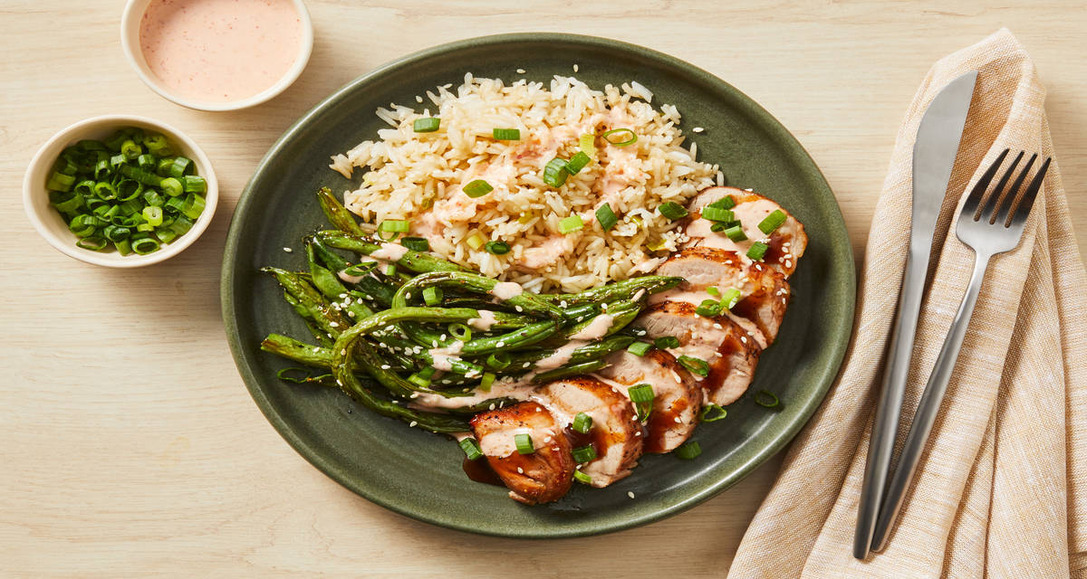 Hoisin-Glazed Beef Tenderloin with Scallion Rice, Ponzu Roasted Green Beans & Sriracha Mayo