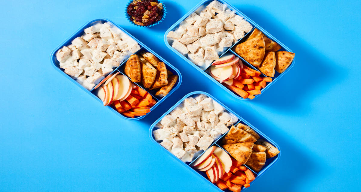 Kids’ Chicken Salad & Pita Chip Lunch with Dried Fruit Mix, Carrot Sticks, & Apple Slices