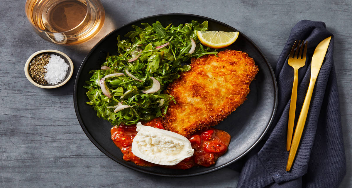 Crispy Chicken Milanese with Burrata plus Burst Tomato Sauce & Lemony Arugula Salad