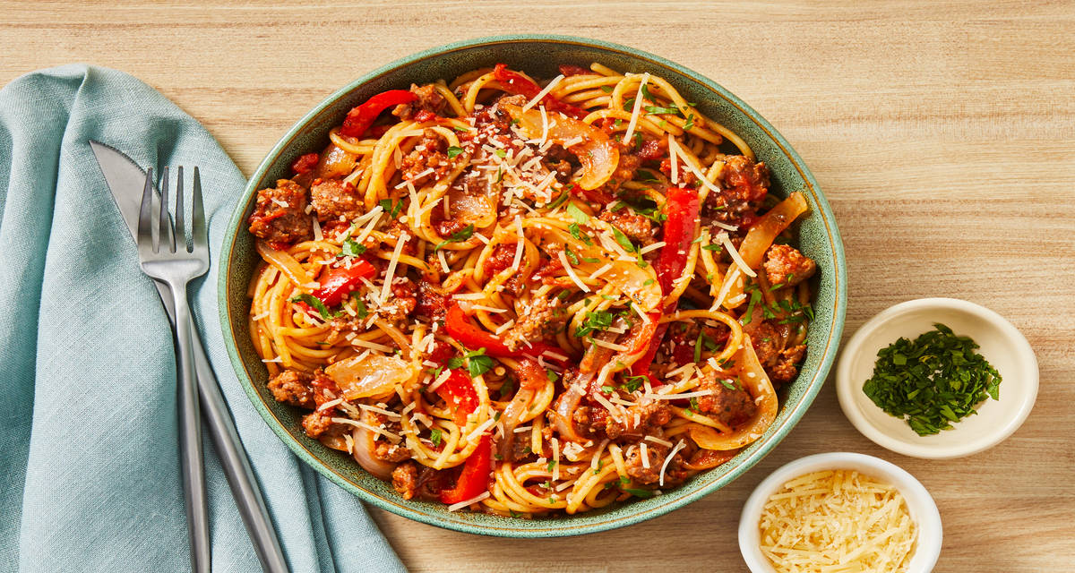 Chicken Sausage & Pepper Spaghetti with Tomato Sauce & Parmesan