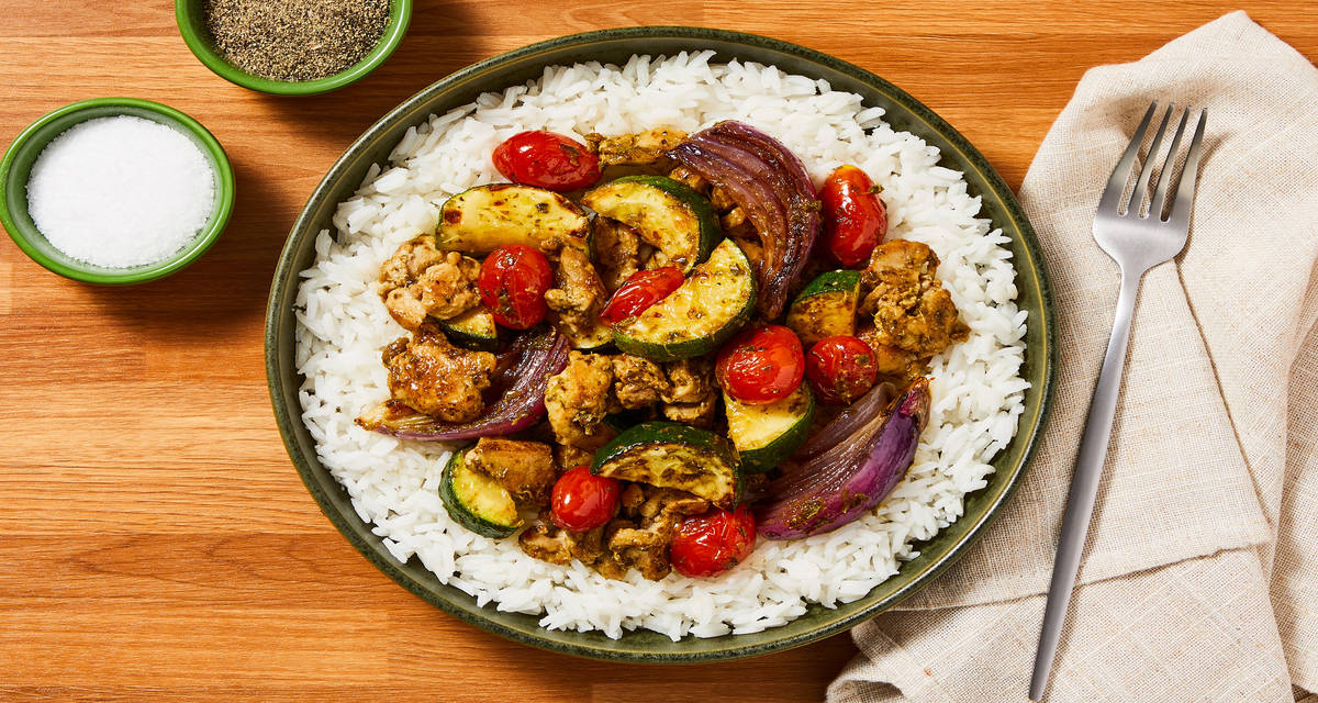 Speedy Chimichurri Chicken Rice Bowls with Chicken Thighs, Blistered Tomatoes & Zucchini