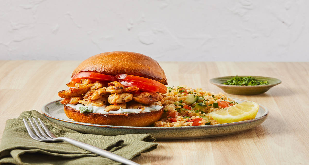Spicy Chicken Sandos With Herby Crema plus a Harissa-Spiced Bulgur Salad