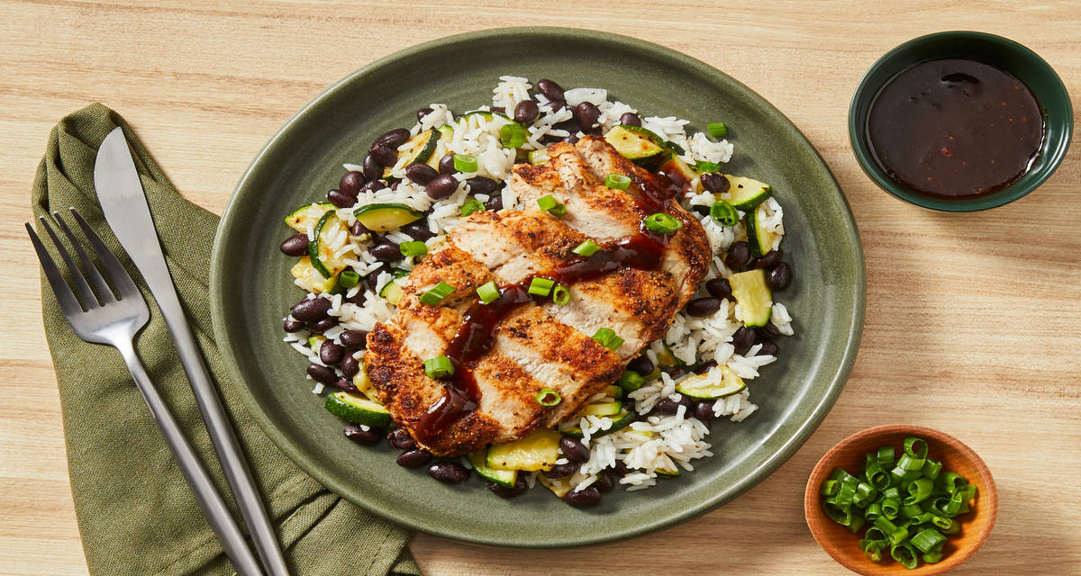 Honey-BBQ Pork Chops plus Garlicky Rice with Zucchini & Black Beans