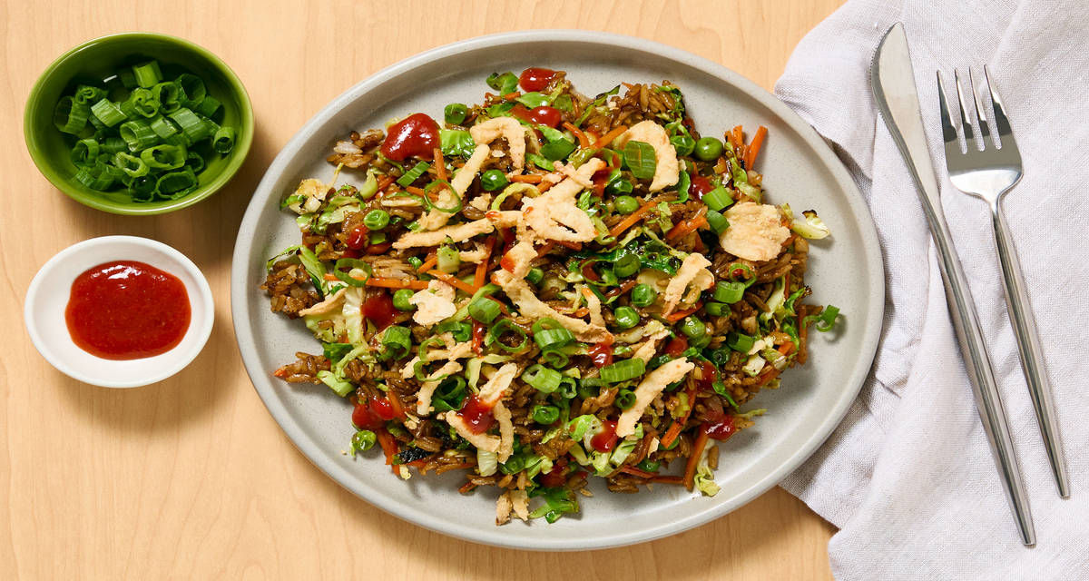 Bulgogi Brussels Sprouts Fried Rice with Carrots, Peas, Scallions & Crispy Fried Onions