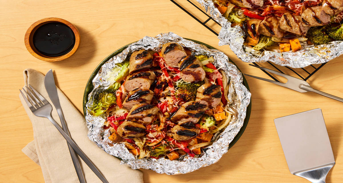 Grilled Pork Sausage & Cheesy Veggie Packets Foil packet meals for the campfire or grill