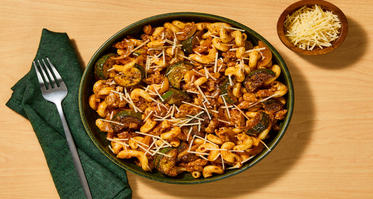Turkey Cavatappi Bolognese with Roasted Zucchini & Parmesan