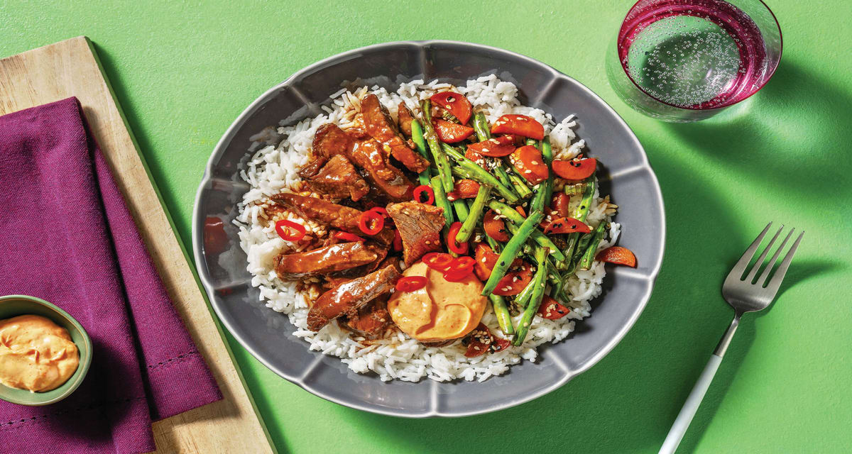 Quick Japanese-Style Beef & Green Bean Stir-Fry with Rice & Coconut Sweet Chilli Mayo-image