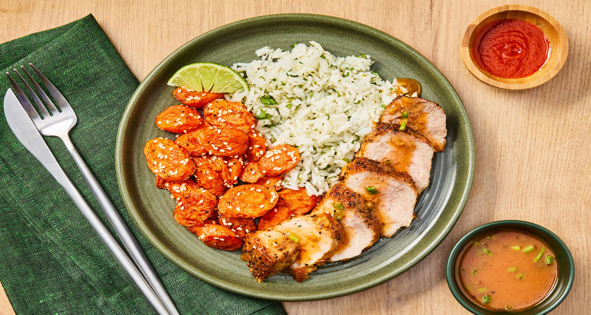 Honey Sriracha Chicken with Roasted Sesame Carrots & Cilantro Lime Rice