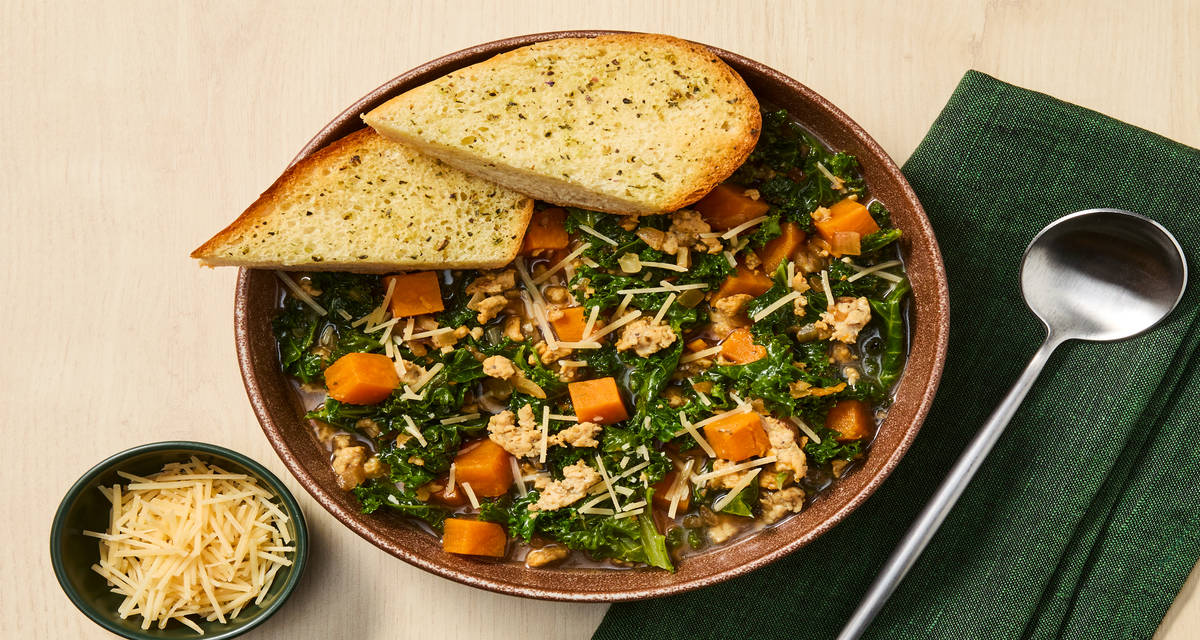 Chicken Sausage & Sweet Potato Soup with Kale & Herb Butter Toast Points