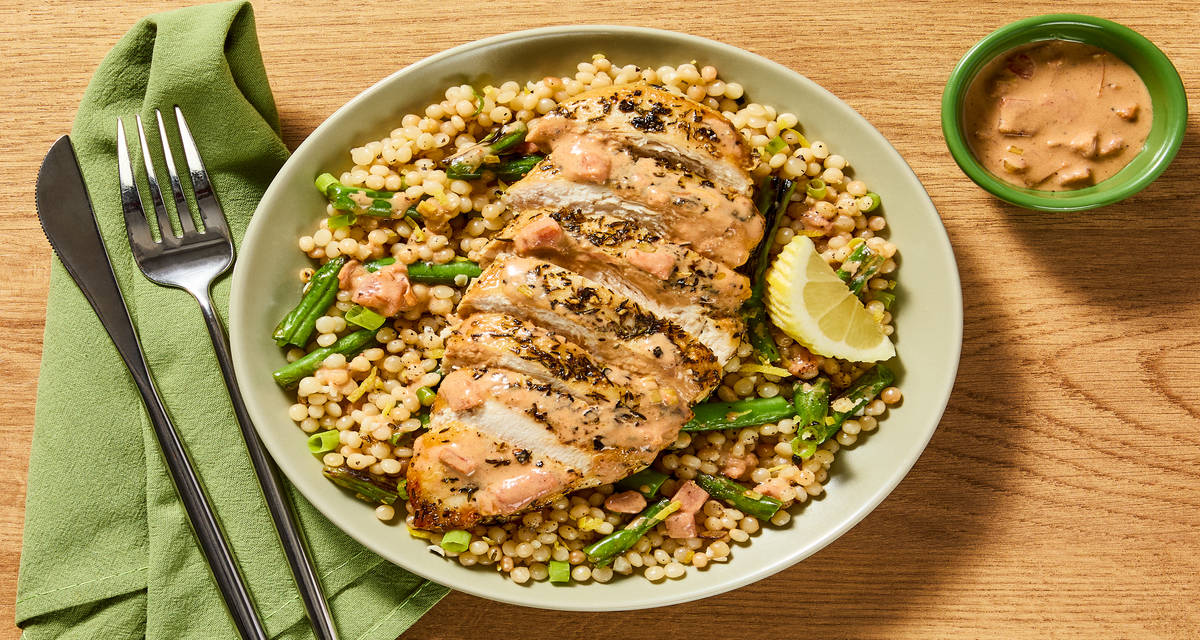Chicken Thyme with Green Bean Couscous with Mashed Potatoes, Roasted Green Beans & Honey Dijon Dressing