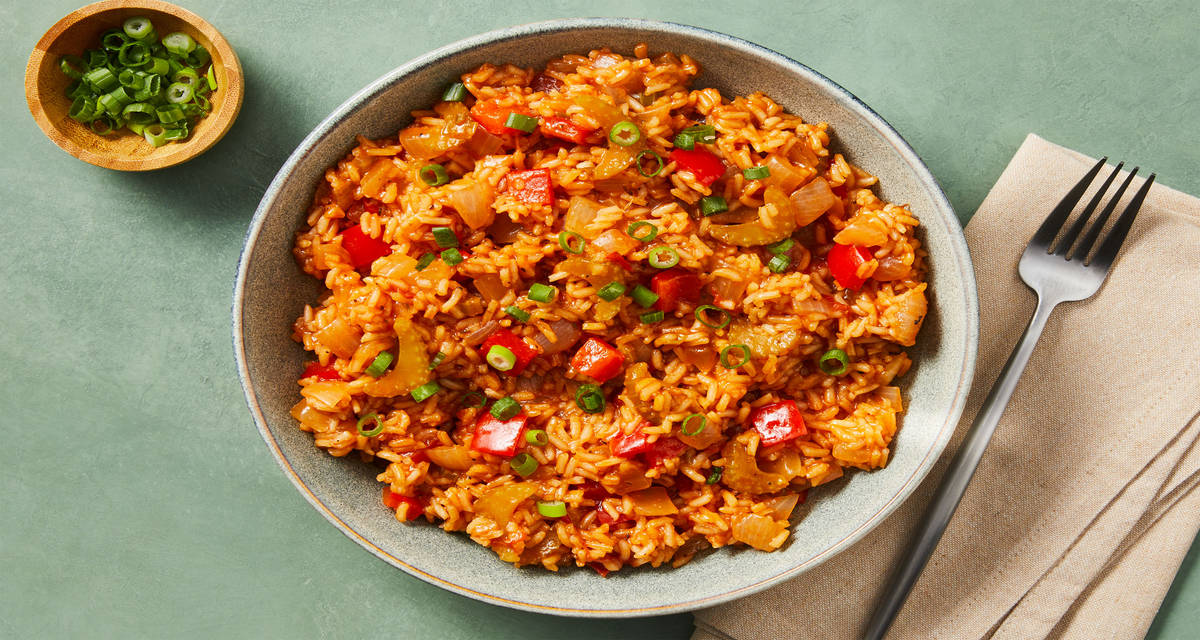 Vegan Bayou Bell Pepper Jambalaya with Celery, Tomato & Scallions