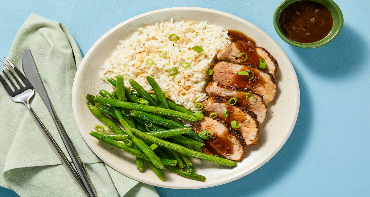 Apricot Balsamic Glazed Chicken with Ginger Garlic Rice & Sesame Green Beans