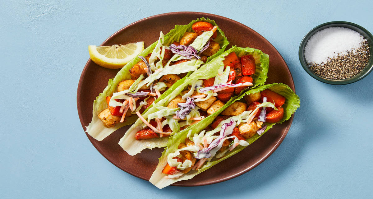 Buffalo Chicken Lettuce Wraps with Tangy Blue Cheese Coleslaw