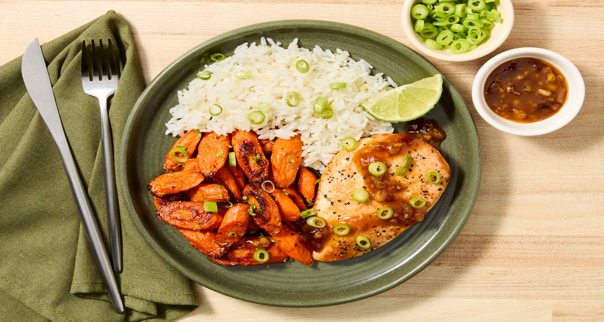 Miso Apricot Chicken with Garlic Ginger Rice & Zesty Green Beans