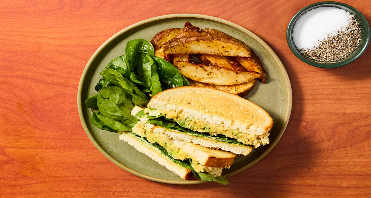 CW34 MOD reamy Chickpea Salad Sandwiches with Lemony Spinach & Potato Wedges