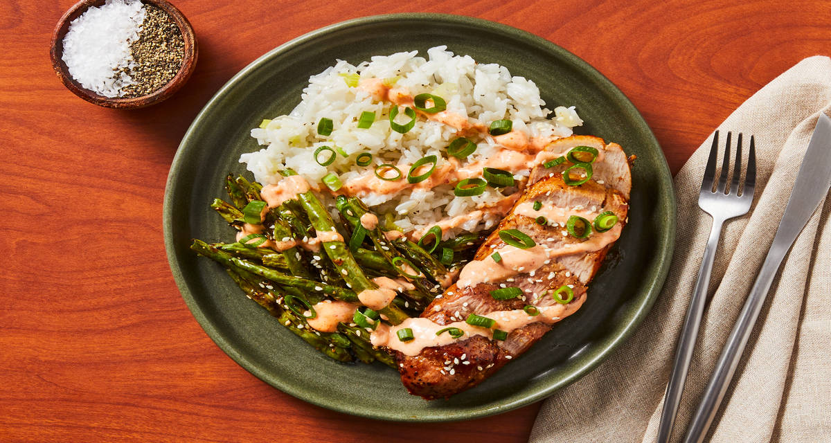 Hoisin-Glazed Chicken Cutlet with Scallion Rice, Ponzu Roasted Green Beans & Sriracha Mayo