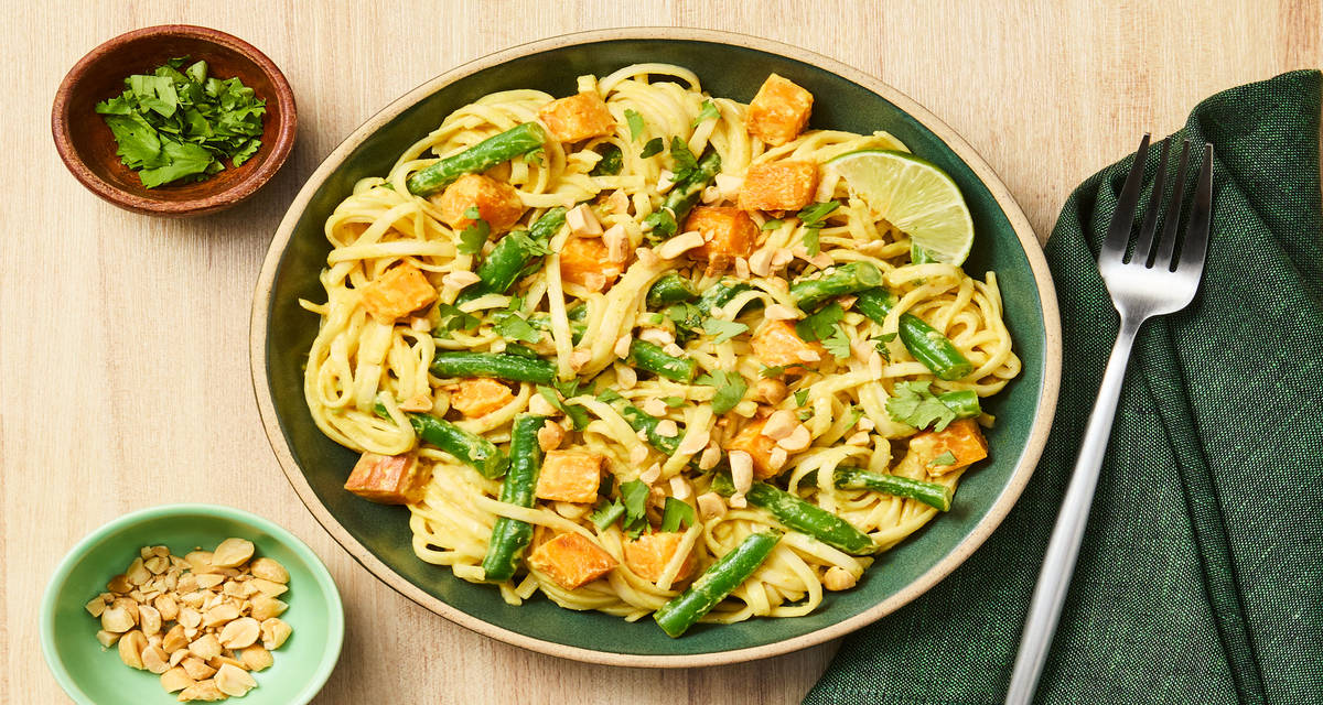 Chicken & Sweet Potato Coconut Noodles with Green Beans, Peanuts & Lime