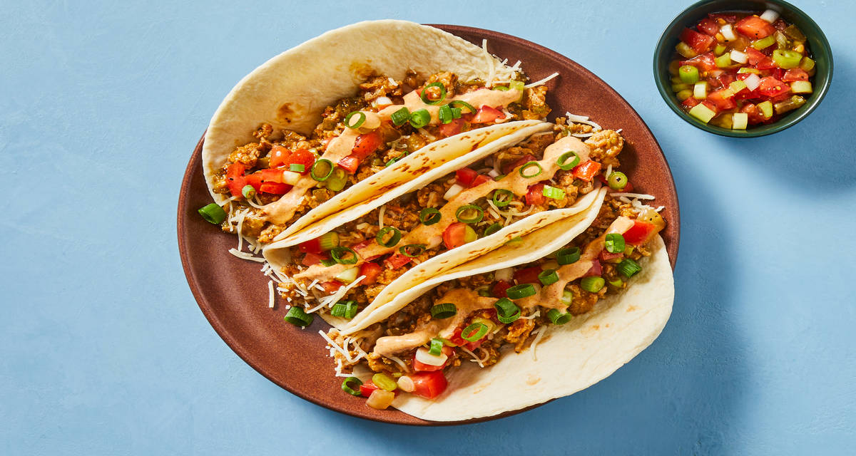 One-Pan Salsa Verde Shrimp Tacos with Monterey Jack & Southwest Crema