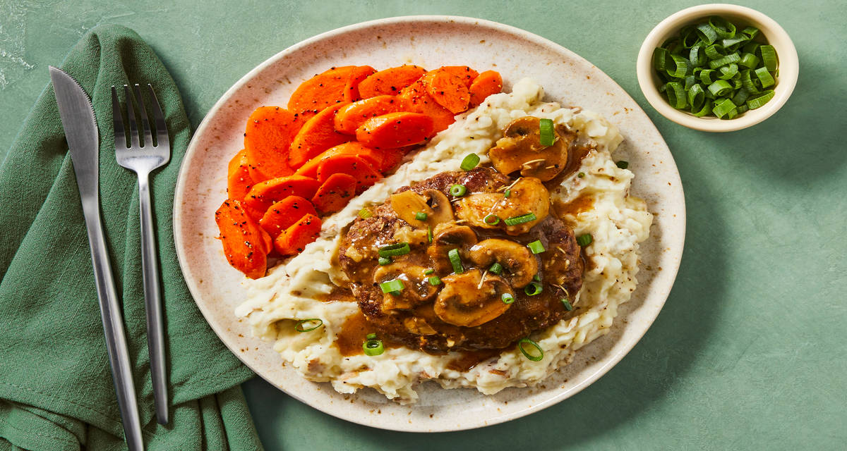 W36 R56 Salisbury Steak with Mushroom Gravy plus Garlicky Mashed Potatoes & Carrots