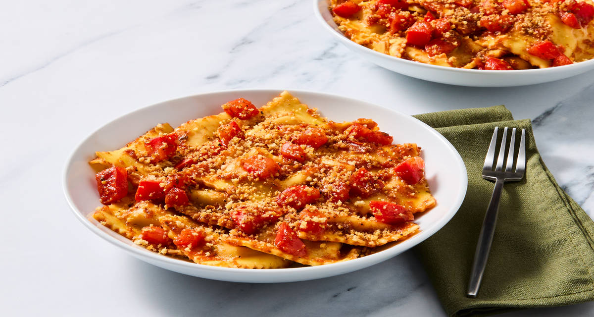 Cheese Ravioli with Tomato Sauce plus Fresh Tomato & Toasted Breadcrumbs | Serves 2