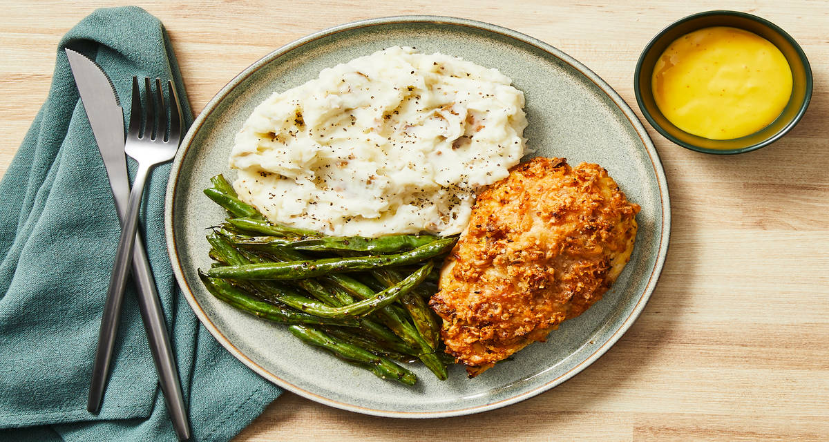 Onion Crunch Salmon with Mashed Potatoes, Roasted Green Beans & Honey Dijon Dressing