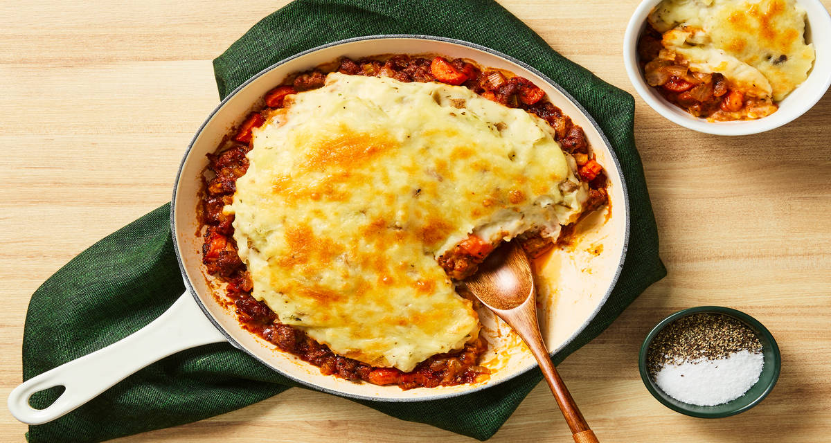 Turkey Cottage Pie topped with Cheesy Thyme Mashed Potatoes