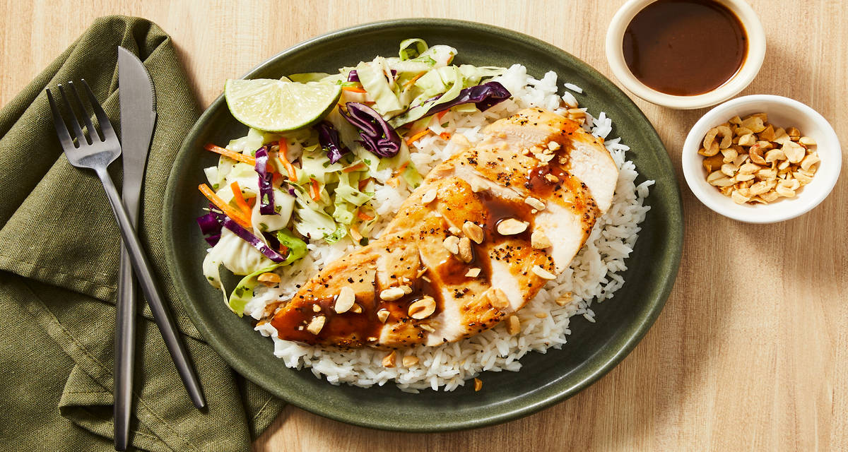 Tangy Tamarind Salmon over Rice with Cilantro-Lime Slaw & Peanuts