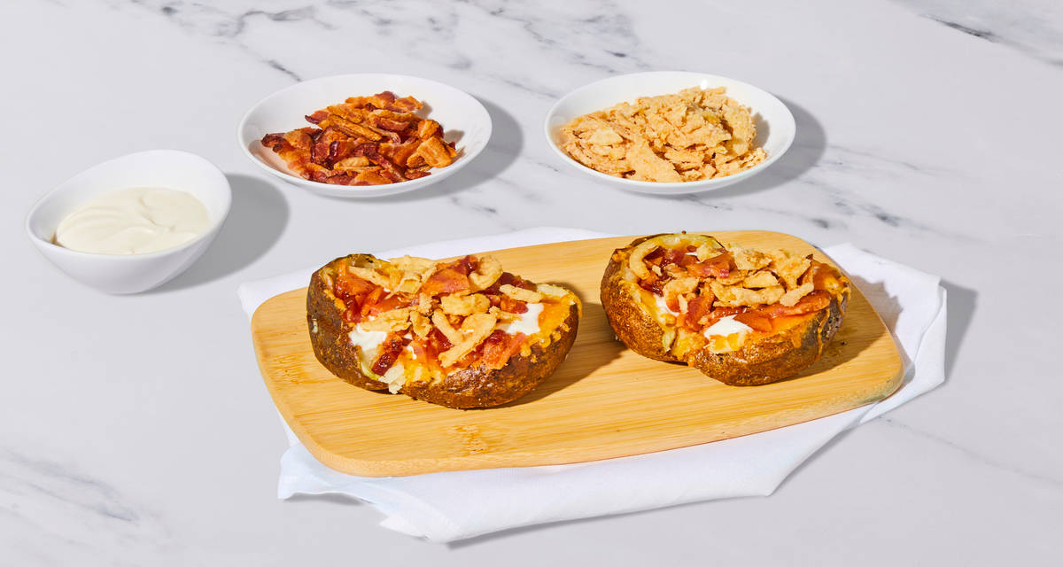 W44 R39 Fully Loaded Baked Potatoes with bacon, sour cream & crispy fried onions | 2 Servings