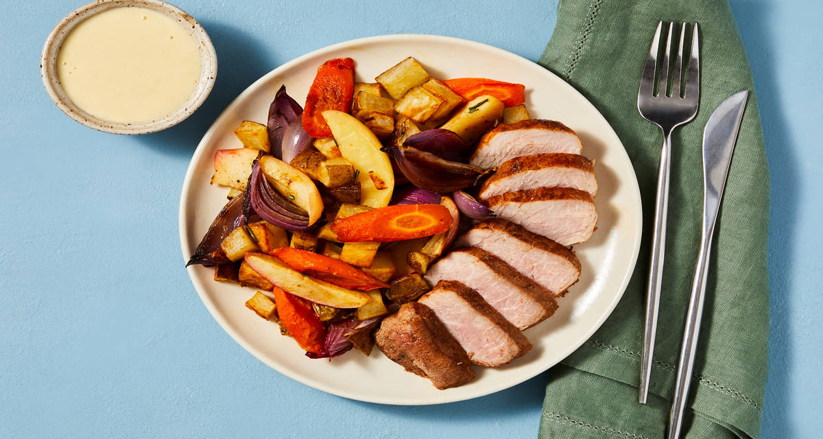 Sheet Pan Chicken with Creamy Mustard plus Rosemary Roasted Root Veggies & Apple